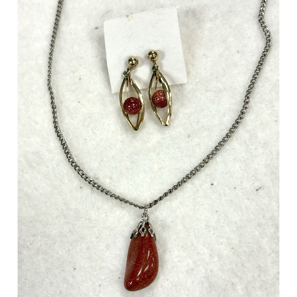 Vintage Goldstone Eggplant Necklace Earrings Set Figural Vegetable Jewelry 16”
